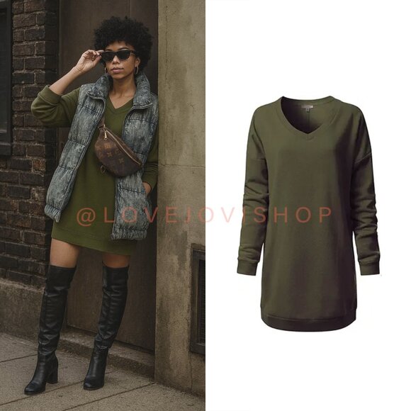 Streetwear | Oversized Tunic Style Fleece Sweatshirt w Pockets in Olive  | NWOT - Picture 1 of 7